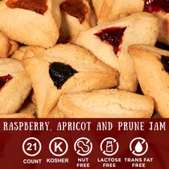 Stern's Bakery close-up of apricot prune and raspberry hamentaschen showcasing variety