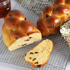 Stern's Bakery close-up of challah crumb showing soft texture and even raisins