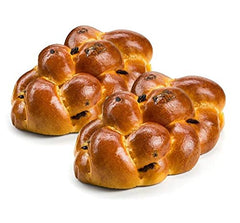 Stern's Bakery front packaging showing two braided raisin challah loaves and freshness