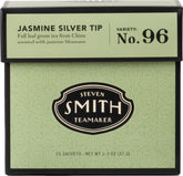 Steven Smith Teamaker front packaging showing jasmine silver tip and sachet count benefits convenience