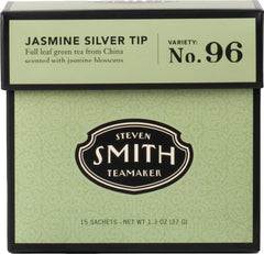 Steven Smith Teamaker front packaging showing jasmine silver tip and sachet count benefits convenience