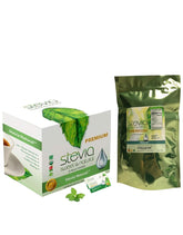 Stevia Intl front packaging showing 100 packets and organic label benefit