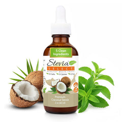 Stevia Select front packaging shows 2 oz bottle and coconut flavor benefit