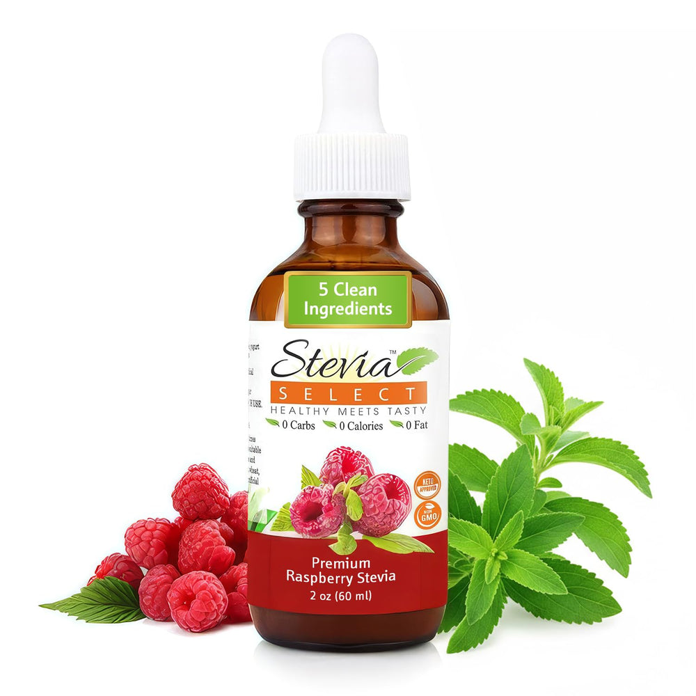 Stevia Select front packaging showing raspberry flavor and dropper benefits