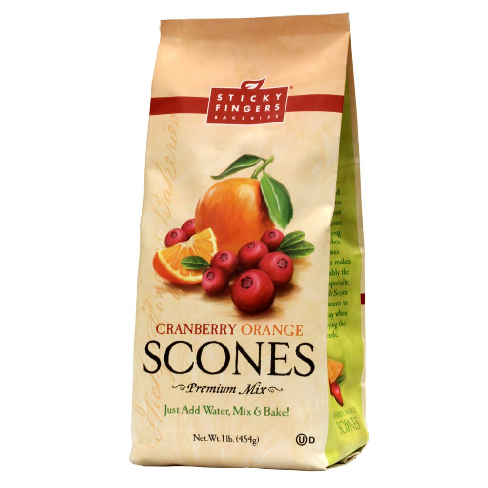 Sticky Fingers front packaging showing cranberry orange scone mix and branding, quick baking convenience