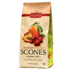 Sticky Fingers front packaging showing cranberry orange scone mix and branding, quick baking convenience