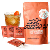 Stir Sessions front box packaging showing 12 single‑serve blood orange old fashioned packets, travel ready