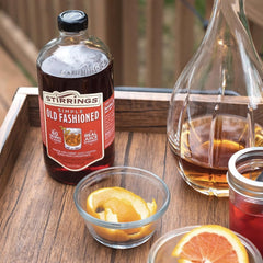Stirrings close-up on label and syrup texture highlighting real juice and natural sweetness