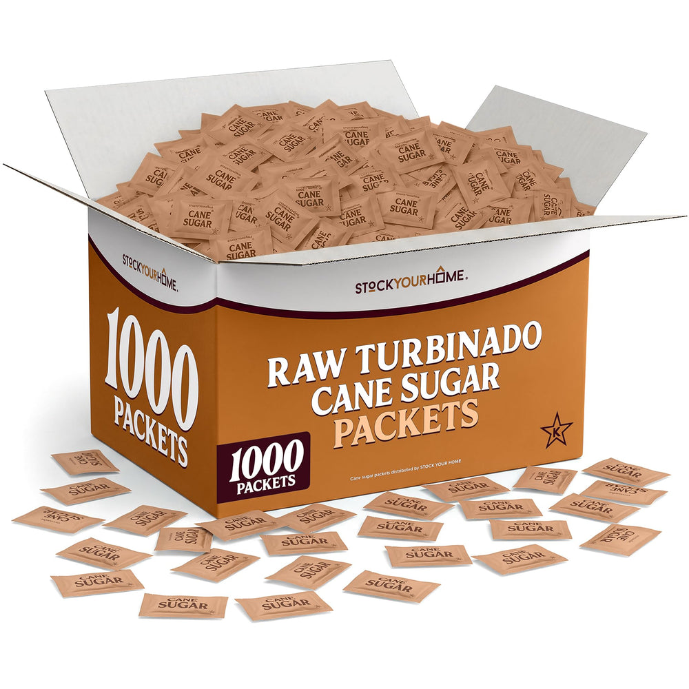 Stock Your Home front box showing 1000-count turbinado packets, convenient bulk supply