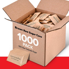 Stock Your Home single turbinado packet close-up, easy-to-open single-serve portion