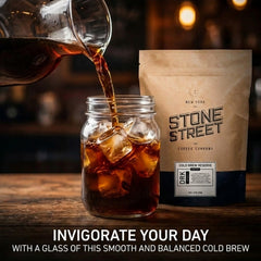 Stone Street grounds poured into French press illustrating effortless brewing