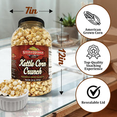 Stonehedge Farms open tub revealing popcorn inside, emphasizes fresh resealable storage