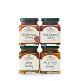 Stonewall Kitchen front view of four chutney jars showing elegant packaging and gift appeal