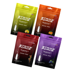 Strike Force front packaging variety pack showing four flavors and portable benefit