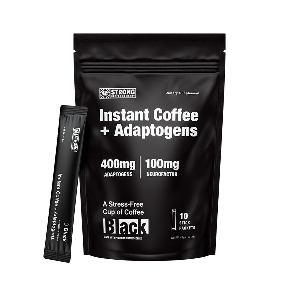 Strong Coffee Company front pouch showing bold instant coffee and benefits