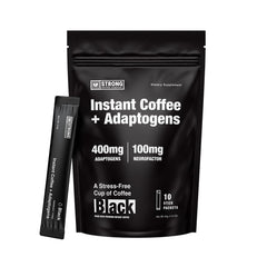 Strong Coffee Company front pouch showing bold instant coffee and benefits
