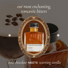 Strongwater label close-up displaying cacao bitters ingredients and artisanal branding