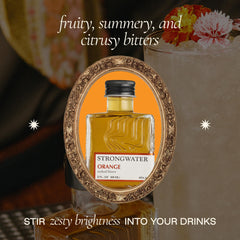 Close label detail of Strongwater orange bitters, highlights handcrafted ingredients
