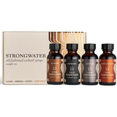 Strongwater sampler front packaging showing four travel-size syrups and benefits