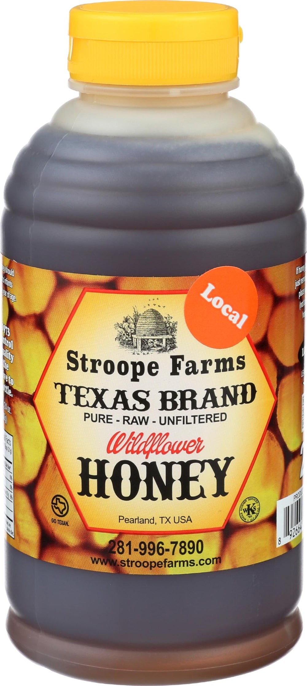 Stroope Farms front packaging view showing honey-bear bottle and label, clear benefit: easy pouring