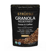 Struesli front packaging showing cacao and coffee flavor, highlights organic benefits