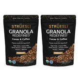 Struesli front packaging showing cacao and coffee flavors and organic badge — brand clarity