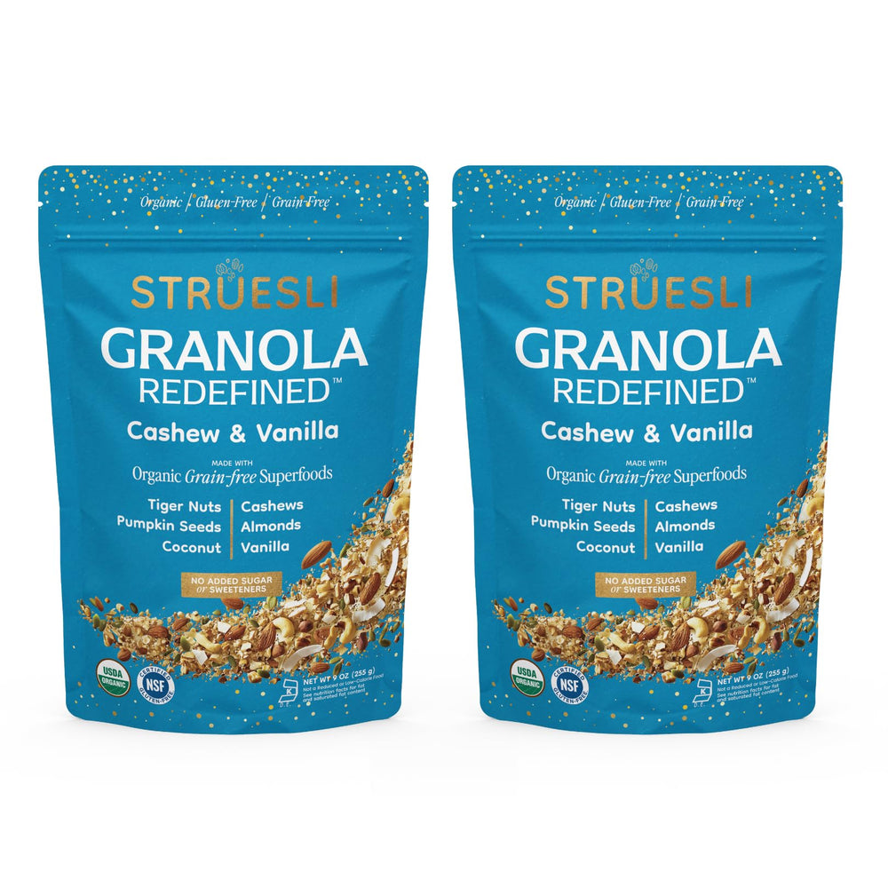 Struesli front packaging showing cashew vanilla flavor for pantry convenience