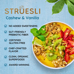Struesli texture detail of seeds and coconut showing crunchy, nutrient-dense mix
