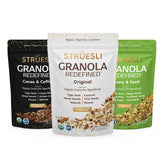 Struesli variety pack front packaging showing three 9 oz bags and benefits