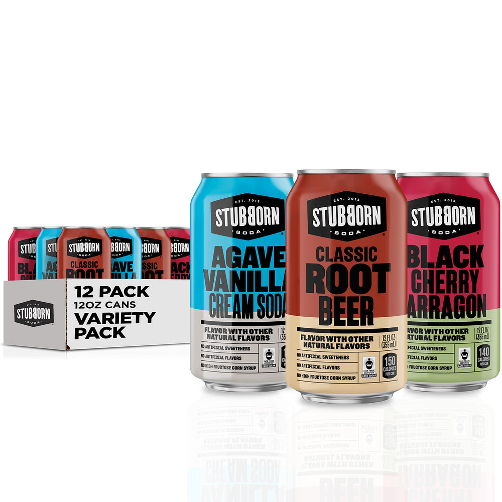 Stubborn Soda three-can front packaging showing all flavors and clear branding, attractive for gifting