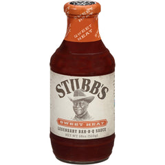 Stubb's bottle front label showing Sweet Heat flavor and 18 oz size benefit