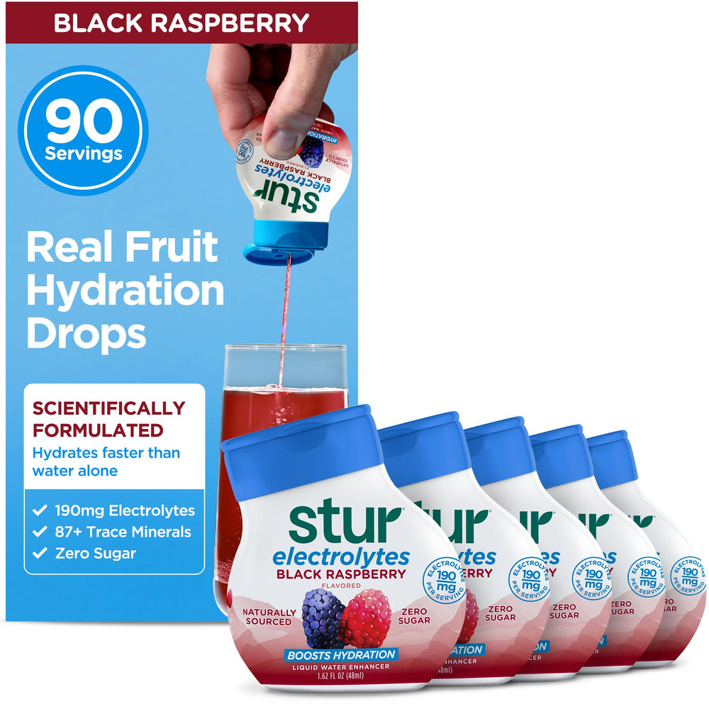 Stur Black Raspberry bottle front shows label and servings benefit