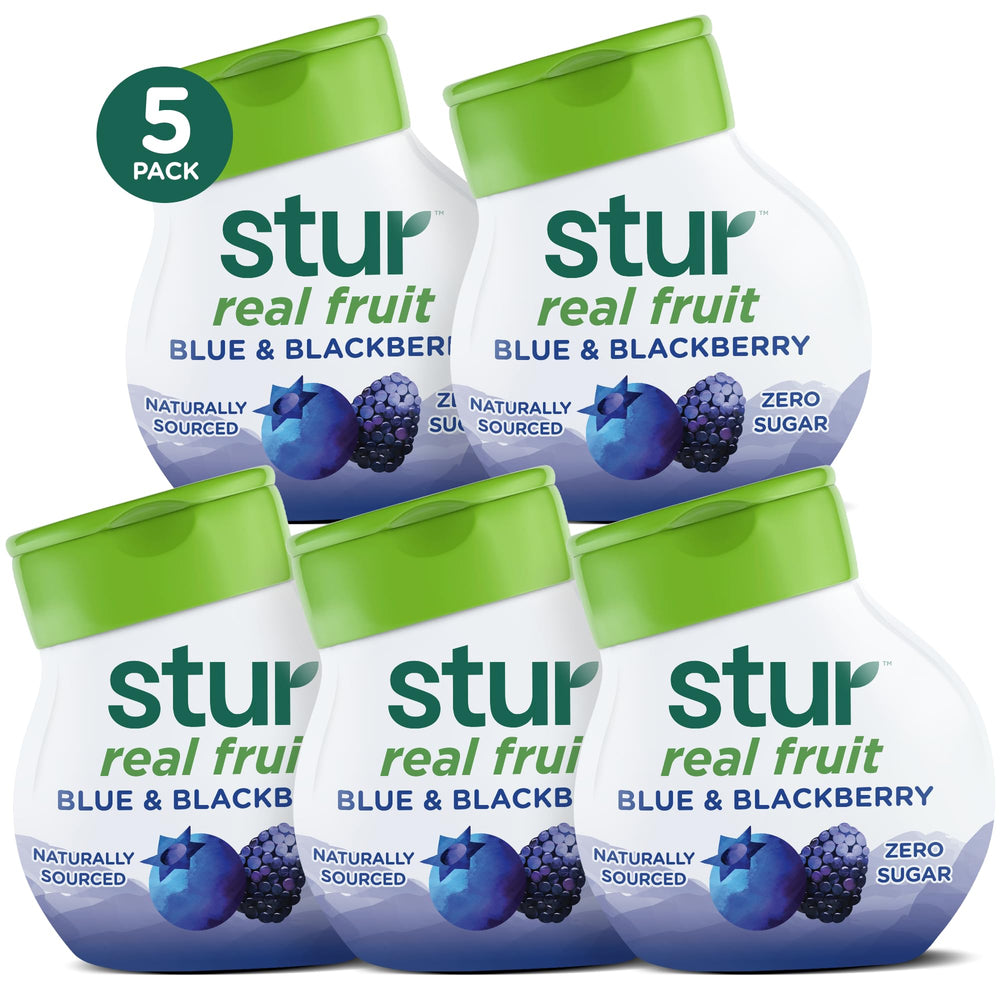 Stur bottle front packaging showing blue and blackberry flavor and benefits