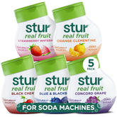 Stur variety pack front label showing five bottles and flavors, clear product branding benefits