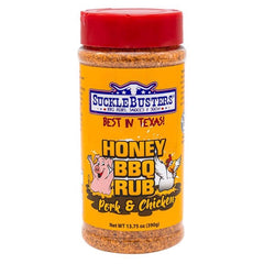 SuckleBusters honey BBQ rub jar front view showing label and shaker for easy seasoning