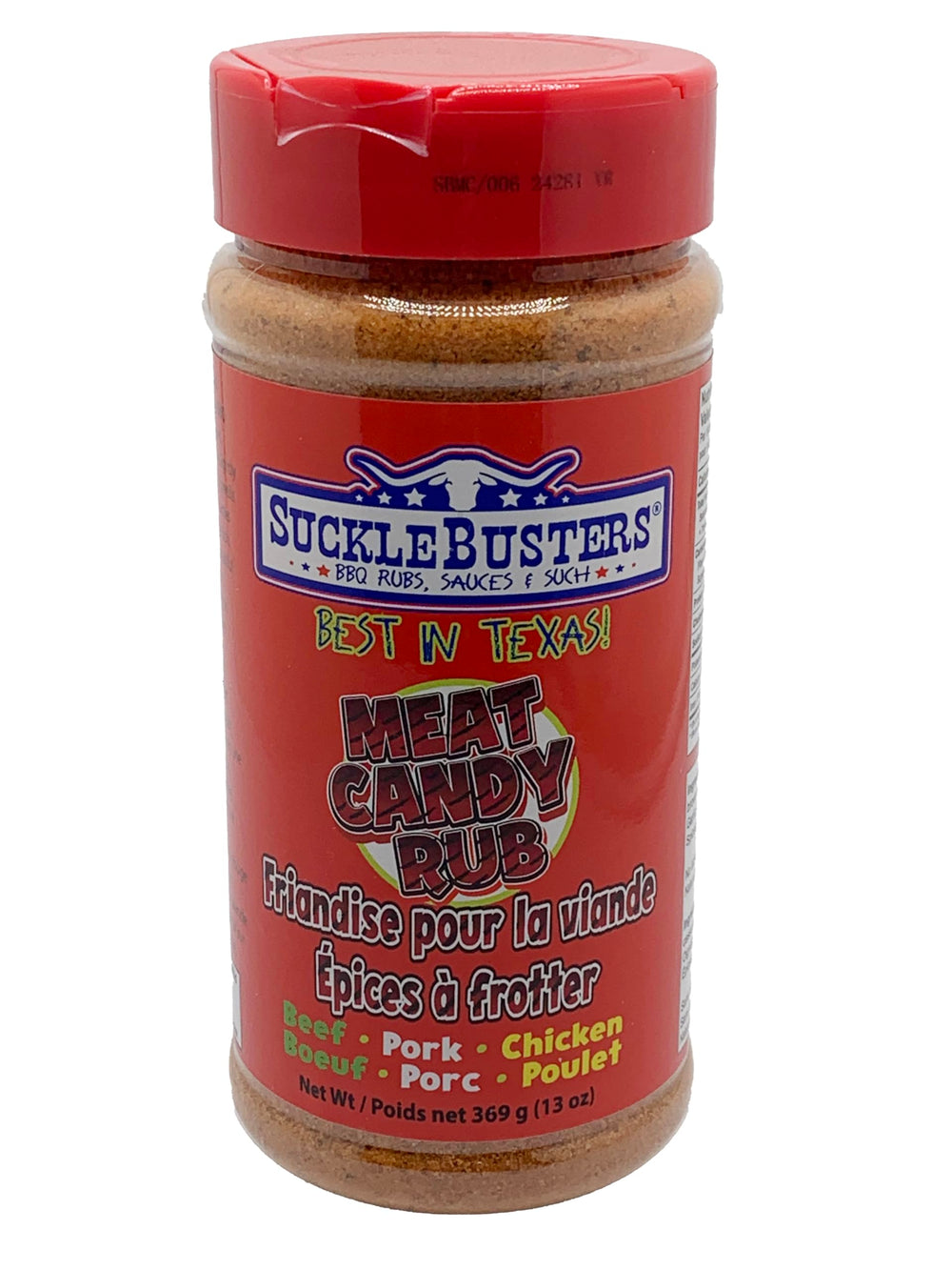 SUCKLEBUSTERS Meat Candy front packaging showing 13 oz shaker and bold red color benefit