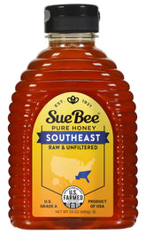 Sue Bee front label on 24 ounce jar showing regional branding and clarity benefit