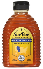 Sue Bee front label showing Rocky Mountains honey and origin benefits