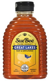 Sue Bee front label showing Great Lakes origin and 24 oz jar benefit clarity