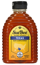 Sue Bee front label showing Texas honey and Grade A quality benefit