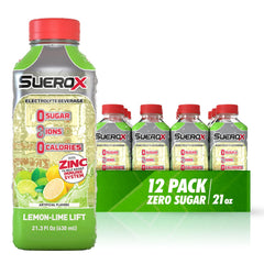 SueroX front packaging showing lemon flavor and zero sugar benefit