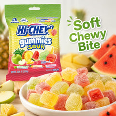 SUGADELIC Hi-Chews close-up texture of a gummy showing soft chew and satisfying bite