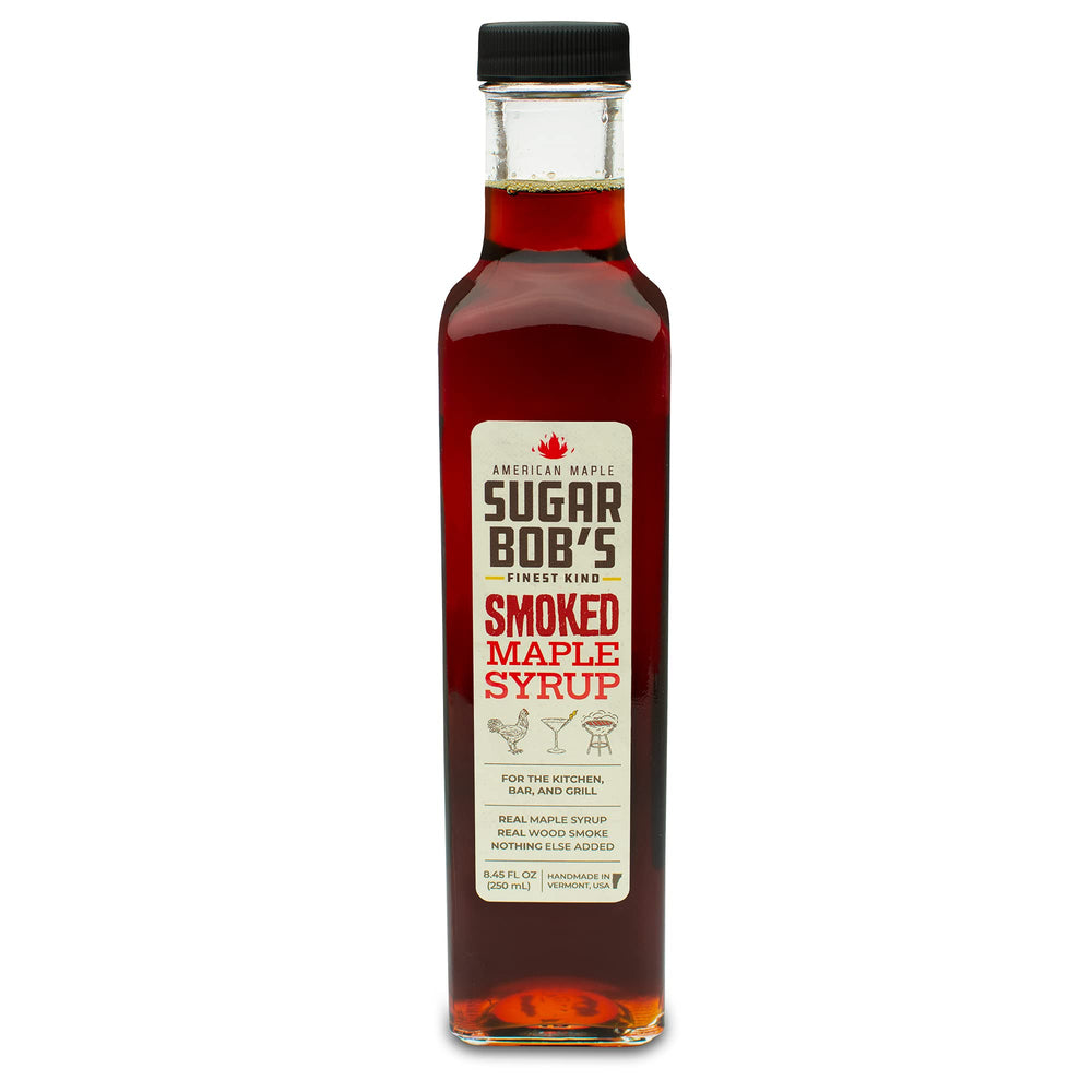 Sugar Bob's Finest Kind front bottle showing smoked maple syrup and premium packaging