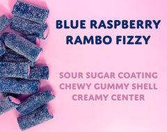 Sugarloo World close-up of blue raspberry licorice shell highlighting chewy texture benefit