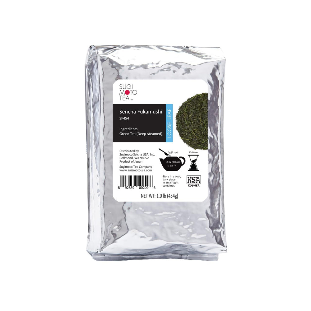 SUGIMOTO TEA front packaging showing 1 lb bulk sencha, emphasizes freshness