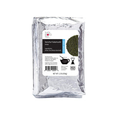 SUGIMOTO TEA front packaging showing 1 lb bulk sencha, emphasizes freshness