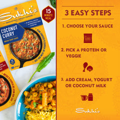 Sukhi's tikka masala sauce pouring into a skillet to speed up weeknight cooking
