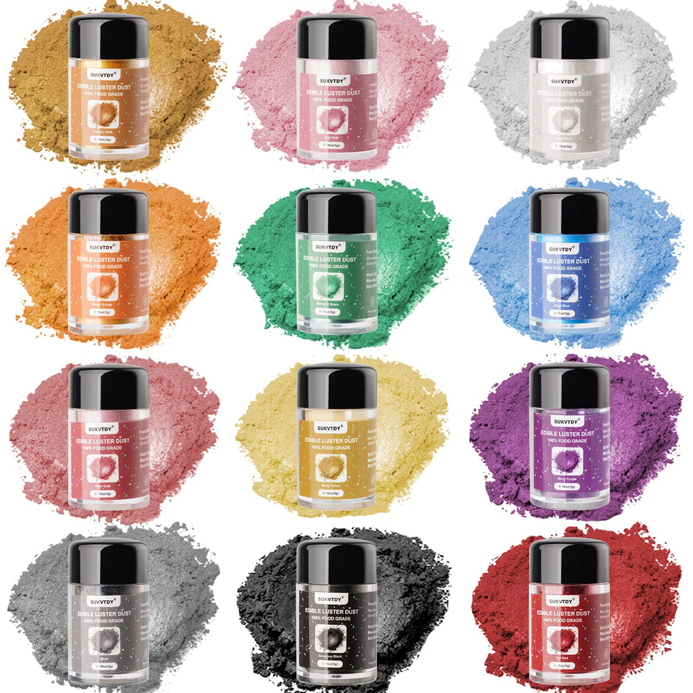 SUKVTDY front packaging showing 12-color edible glitter set and compact bottles