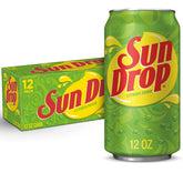 Sun Drop front packaging showing 12-pack and bright citrus appeal for convenient stocking