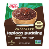Sun Tropics front packaging showing chocolate tapioca pudding cups and benefits